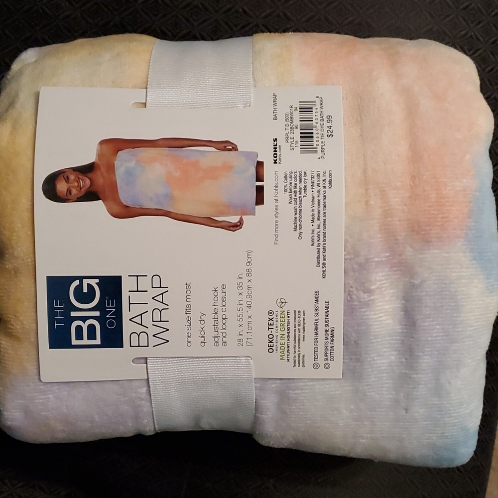 The Big One bath wrap.  Purple tie dye.  Quick dry.   One size fits most.
